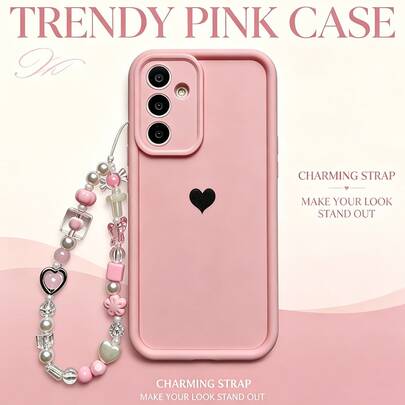 1 buc. husă moale mat roz pentru telefon, cu fundă personalizată în formă de inimă neagră, stil minimalist drăguț, vintage, cu lanț-fundă și pandantiv floral lucrat manual, potrivită pentru Samsung/A/S/14/15/16/17/ULTRA/Note/13/14/15/Honor/Lite/X9c/Transsion/40/50/60/70/MOTO/RENO/V/E/G/Galaxy/SPARK/SMART/POP/INFINI