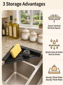 Kitchen Sink Triangle Corner Storage Rack, Draining Basket Sponge Holder, Multi-Functional Kitchen Draining Storage Rack, No-Drill Space-Saving Countertop Storage Rack, Hollow Quick-Dry Draining Rack, Dish Cloth Soap Liquid Brush Holder - Multi-color - View 2