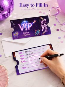 VIP Music Birthday Party Invitations With Envelopes, Purple Neon Fill-In-The-Blanks Ticket Cards, Suitable For Girls, Teens, Karaoke, Disco And Dance Parties, Writable Concert Style Invitation Tickets, Applicable For Pop Star, Neon, Pajama And School Party Celebrations - Neon - View 4