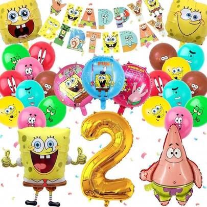 SpongeBob SquarePants Patrick Foil Latex Balloon Set Happy Birthday Banner Gold Number Square Foil Balloons For Anime Themed Birthday Party Dessert Table Background Decor Supplies