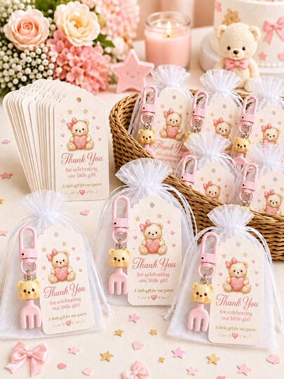 60pcs/20sets Baby Shower Favors For Baby Girl, Pink Teddy Bear Keychain Thank You Card Organza Bag, Baby Shower Party Guest Favors Set, Baby Shower Supplies, Baby Shower Gifts For Guests, Baby Shower Favors