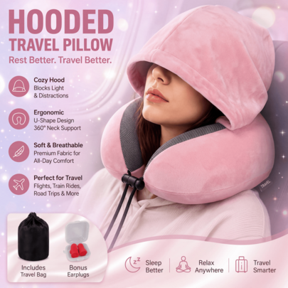 U-Shaped Travel Pillow With Hood - Adjustable, Portable Neck Support Fit For Airplane & Home Use, Medium Soft, Washable Cover  Travel Neck Pillow With Hood For Privacy On Long Flights