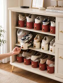 20pcs Vertical Shoe Rack Organizer, Space-Saving Closet Shoe Storage Rack, Shoe Cabinet Organizer, Adjustable Shoe Slot Rack, Suitable For Sneakers, High Heels, Flats And Slippers, Stackable Home Entryway Closet Storage Solution - Apricot - View 1