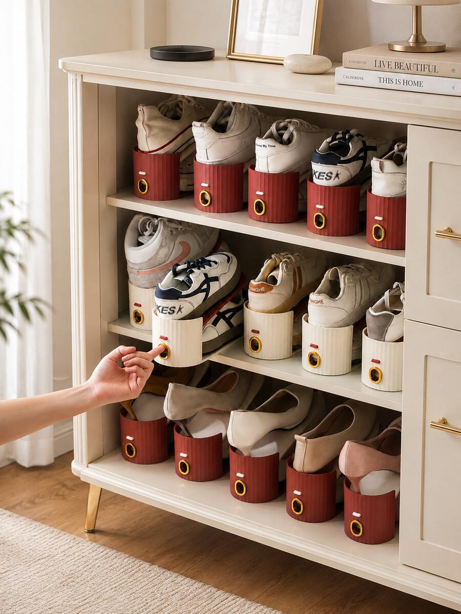 20pcs Vertical Shoe Rack Organizer, Space-Saving Closet Shoe Storage Rack, Shoe Cabinet Organizer, Adjustable Shoe Slot Rack, Suitable For Sneakers, High Heels, Flats And Slippers, Stackable Home Entryway Closet Storage Solution - Apricot - View 1