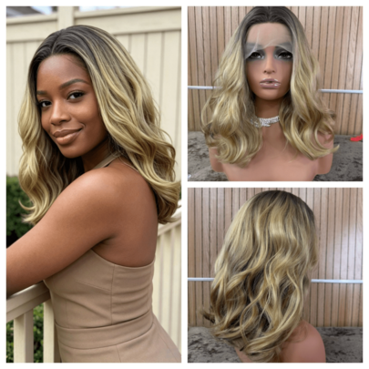 Synthetic Futura Fiber Lace Frontal Wigs For Women 13x4 Glueless Cosplay Daily Wear Party Wig Golden Blonde Brown With Blond Highlights Mixed Ombre Colors Short Shoulder Length Hair Wig