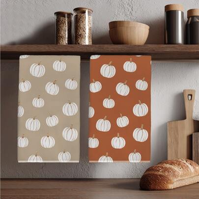 2pcs Khaki Brown Base Minimalist White Pumpkin Kitchen Towels, 40*60cm Soft Microfiber Material Tea Towels, Suitable For Home Kitchen Restaurant Outdoor Camping Tabletop Cleaning Dish Cloth Hand Towel Accessories, Holiday Gift