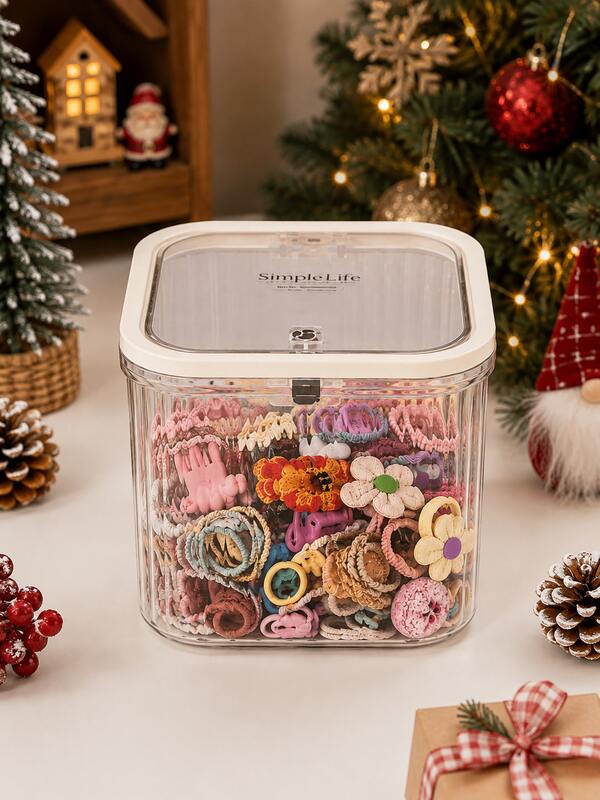 Stackable Storage Box With Lid, Transparent Body, Reduces Clutter, Convenient For Finding Hair Ties, Hair Clips And Accessories, Space-Saving Stackable Design, Striped Plastic Material, 15.2 X 8.3cm Or 15.3 X 15.3 X 14cm, Suitable For Vanity, Dresser And Bedroom