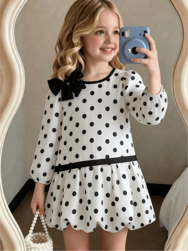 Autumn New Girls' Black And White Polka Dot Bow Ruffle Puff Dress, Sweet Versatile Loose Comfortable Breathable Preppy Style For School, Daily Wear And Outings