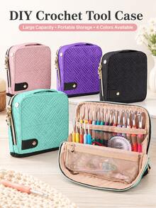 Multifunctional Crochet Hook Carrying Bag, Large Capacity Quilted Knit Needle Storage Pouch, Portable Zipper Handheld Organizer With Multiple Elastic Slots And Mesh Pockets, Suitable For Storing Various Crochet Hooks And Sewing Accessories, Ideal For Travel And Home Use - C-Multicolor Set - View 3