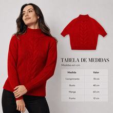 Blusa Feminina de Tricô Vermelha com Gola Alta, Manga Longa e Trança Frontal, Suéter Elegante e Confortável para Outono Inverno - Rosa Bebê - Visão 6