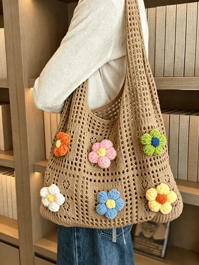 LFIRSTL Minimalist Hollow Floral Decor Bag, Fashionable Cute Vacation Bag, Large Capacity Portable, Suitable For Teenage Girls, Female College Students, White-Collar Women, Perfect For Work, Back To School, Middle School, High School, College, Holiday Use. Casual Bag, Portable And Lightweight, Classic Casual Style, Suitable For Teenage Girls, Female College Students, Holidays, Festivals, Outdoor Activities, Travel, Outings, Perfect Match For Women's Beach Accessories