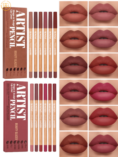 beauty glazed 12pcs Sculpting Lip Liner Pencil Set, Ultra-High Pigment, Long-Lasting Color, Matte Soft-Focus Finish, Smooth Glide, Ultra-Soft Blendable Texture, Exquisite Lip Makeup Styling Set