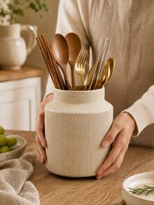 1pc Cream Ceramic Kitchen Countertop Utensil Holder, Striped Cooking Utensil Canister, Spoon Fork Chopstick Storage Rack, Modern Farmhouse Kitchen Decor Organizer - Multicolor - View 3