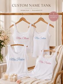 Personalized Embroidered Lace Tank Top, Custom Embroidery Modal Tank Bridal Shower Gift, Engagement Gift Bachelorette Party, New Mrs. Tank - Multicolor - View 3