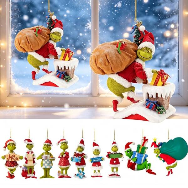 Panini The Grinch Chimney Gift‑Stealing Scene Flat Acrylic Hanging Ornament Set, Assorted Classic Story‑Theme Character Pendants, Lightweight Xmas Tree Decor Supplies For Holiday Home & Party Layout