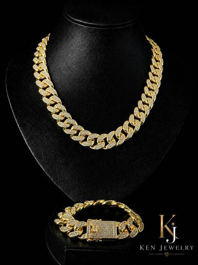 1 Set 20mm Wide Full Rhinestone Cuban Chain Necklace & Bracelet 2 Pieces Set, Heavy-Duty Densely Inlaid Rhinestone Chain, Hip-Hop Street Style Accessories, Rap Stage Party Unisex Holiday Gift Jewelry