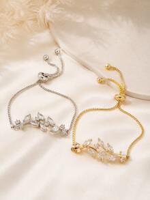 1pc Gold-Colored Leaf & Wheat Spike Design Copper Bracelet With Cubic Zirconia Inlay, Suitable For Women To Wear In Daily Life, Date And Party Occasions - Yellow Gold - View 4