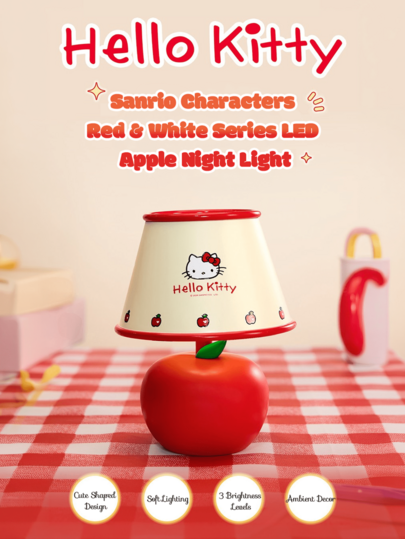MINISO Sanrio Licensed Hello Kitty Apple LED Table Night Light, 3‑Level Adjustable Brightness Cute Vintage Desk Lamp, Rechargeable Decorative Bedside Lamp For Girls Room Gift