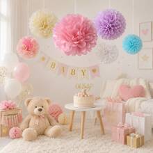 6pcs Colorful Paper Pom Poms Decoration Mixed Sizes Paper Art Pompoms Pink Yellow Purple Blue Party Hanging Decor Baby Shower Welcome Baby Party Baby Birthday Gender Reveal Wedding Backdrop Dessert Table Decoration - Multicolor - View 5