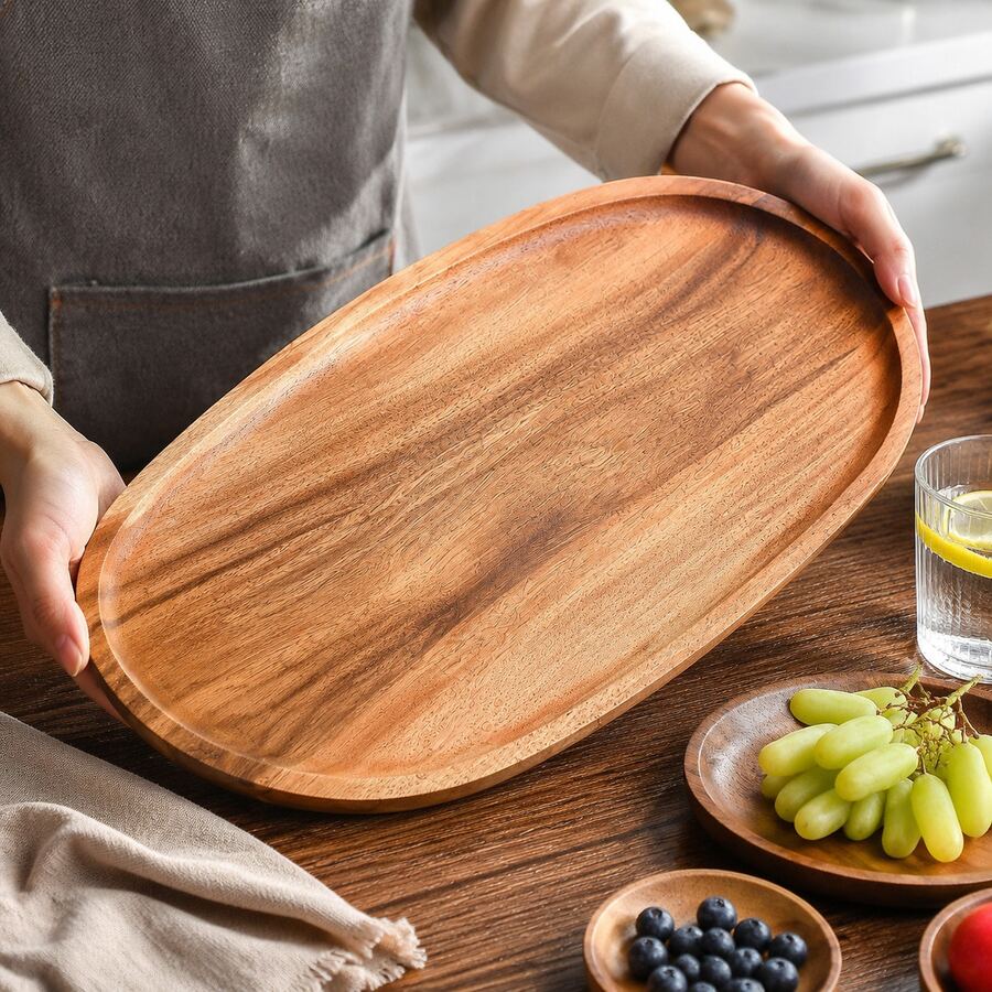 Large Display Trays - Oval Rosewood Solid Wood Tray, Natural Texture With Premium Feel, Smooth Edges For Handling, With Raised Rim To Prevent Spills. Suitable For Coffee, Tea, Sandwiches, Fruits And Desserts, Ideal For Food Presentation And Desktop Storage. Durable Solid Wood Material, Easy To Clean With A Damp Cloth, INS Natural Wood Style Fits Multiple Scenes, Home, Cafe Display Multifunctional Wooden Serving Tray. - View 1