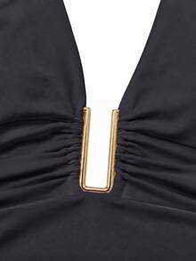 Women's Halter Deep V Metal Splice Backless Pleated Cropped Camisole, Suitable For Daily, Commute, Date, Vacation, Valentine's Day Casual Summer - Grey - View 6