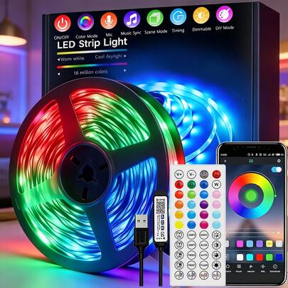 Smart Flexible LED RGB Strip Lights, SMD 5050 Dimmable Color Changing Tape Light, 44‑Key Remote Plus App Operated, Music Sync Timer, Self‑Sticky For TV PC Backlight, Ceiling, Cabinet, Wedding Birthday Holiday Party As Gift