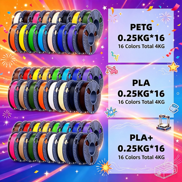 SUNLU 4KG PETG/PLA/PLA+ Multicolored 3D Printer Filament, 16*250g Small Spools, Beginner-Friendly 3D Printing Consumables, 16 Pcs. 250g Small Spools Of Filament, Low Shrinkage, Smooth Printing