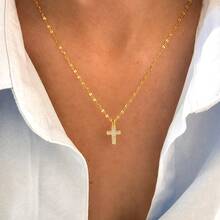1pc New Classic Cross Pendant Golden Stainless Steel Lip Chain Necklaces For Women - Yellow Gold - View 1