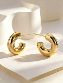 Charm-In 18K Gold Plated Chunky Open C‑Shaped Hoop Earrings For Women Thick Smooth Gold Huggie Hoops, Minimalist Statement Jewelry For Daily Wear & Party - Gold - View 7