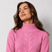 Blusa Feminina de Tricô Vermelha com Gola Alta, Manga Longa e Trança Frontal, Suéter Elegante e Confortável para Outono Inverno - Rosa Bebê - Visão 3
