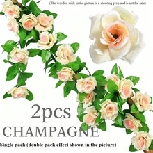 2/1 pieza Corona de enredadera de rosas artificiales color champán, guirnalda de flores artificiales, corona de rosas falsas, adecuada para decoración navideña, decoración de regalo del Día de San Valentín, decoración de regalo del Día de la Madre, decoración de boda, decoración de gabinete, decoración de pared interior, decoración de mesa, decoración de habitación, decoración de barandilla de escalera - Champán - Ver 13