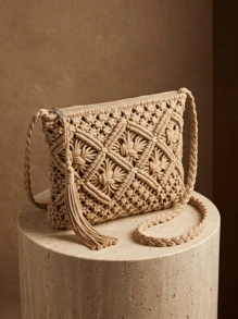 CAJUNI Handmade Woven Small Crossbody Bag, Retro Beach Style, Versatile Square Envelope,Straw Bag - Khaki - View 4