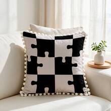 1PC Black White Puzzle Print Pillow Cover Pom Pom Tassel Edge Geometric Decorative Throw Pillow Sofa Couch Bedroom Home Decor - Multicolor - View 9
