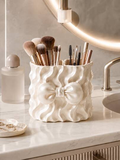 1pc Cute Elegant Bowknot Women's Makeup Storage Box, Dual Compartment Brush And Cosmetic Organizer, Can Store Lipstick, Eyebrow Pencil, Comb And Beauty Tools, Vanity Decor, Bathroom Accessory, Toothbrush Holder, Brush Holder, Makeup Storage Box