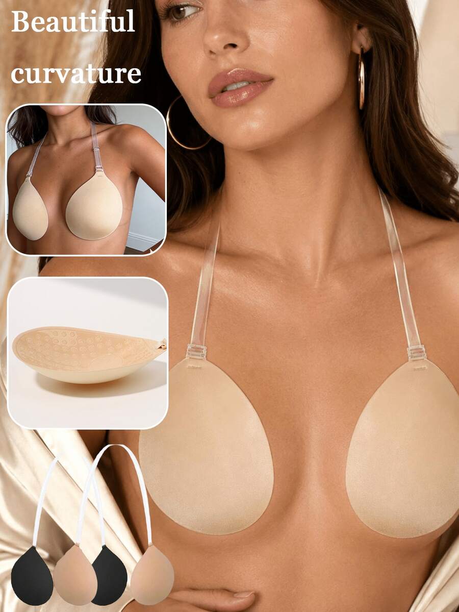 1pc Halter Invisible Adhesive Bra, With Detachable Invisible Shoulder Straps, Adhesive Bra, Suitable For Women's Backless Dresses, Washable - Multicolor - View 1