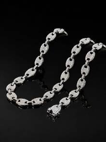 1 Set 13mm Wide Full Rhinestone Pig Nose Chain Necklace & Bracelet 2-Piece Set, Densely Inlaid Rhinestone Heavy Chain, Hip Hop Street Style Accessories, Rap Music Festival Party Unisex Gift Jewelry - Style NL2047 - View 3