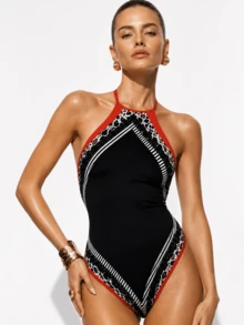 Zerodot Women Brown Printed Open Back Elegant Bodysuit Party Going Out Spring Fall - Brown - View 1
