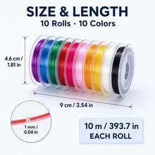 10 Gulungan Tali Elastis Aneka Warna 10m dengan Manik Kristal 1mm | Untuk Membuat Gelang dan Kalung DIY, Tali Perhiasan Elastisitas Tinggi dan Tahan Aus (393,7 Inci Per Gulungan) - Warna campuran - View 3