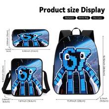 1PC/2PCS/3PCS Backpack, Shoulder Bag And Storage Bag, Blue Pixel Style Alien Creature Pattern With Starry Sky And Spaceship Background, Suitable For Office Workers Or Tech Enthusiasts For Daily Commute, Study And Travel - Printed Bag - View 3