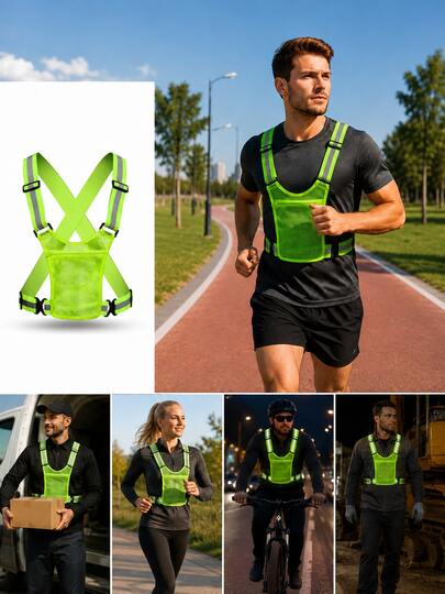 Neon Green Reflective Vest With Pockets, Made Of Adjustable Polyester Material, Suitable For Night Running, Cycling, Outdoor Sports And Hiking