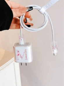 極簡花卉蘋果充電器蝴蝶結造型保護套，適用 20W Apple 15 充電線保護套、16 Pro Max 手機數據線保護套、13/14 Plus 保護殼，防斷裂、防貓咬 - 粉紅櫻字母-M - 查看 3