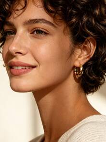 Charm-In 18K Gold Plated Copper Chunky Black Stripe Huggie Hoop Earrings, Click-Top Earrings For Women, Daily Office Party Statement Jewelry Gift - Gold - View 2