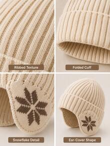 Vintage Ribbed Knit Beanie Hat With Snowflake Earflap Design, Unisex Warm Winter Knitted Cap, Casual Earflap Cold Weather Hat, Suitable For Outdoor Walking, Travel, Commuting, Autumn/Winter Hat Accessory - Multicolor - View 9