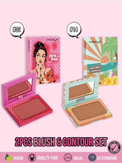 MISSLYN 2Pcs FLIRTY FLUSH Powder Blush & INTENSE TROPICAL Bronzing & Contouring Powder Set, Silky Blendable Pigment, Natural Warm Glow, Face Palette Cheek/Contour, Daily/Travel/Summer, Y2K/Soft Glam/Sun-Kissed/Tropical, Blush & Bronzer Set