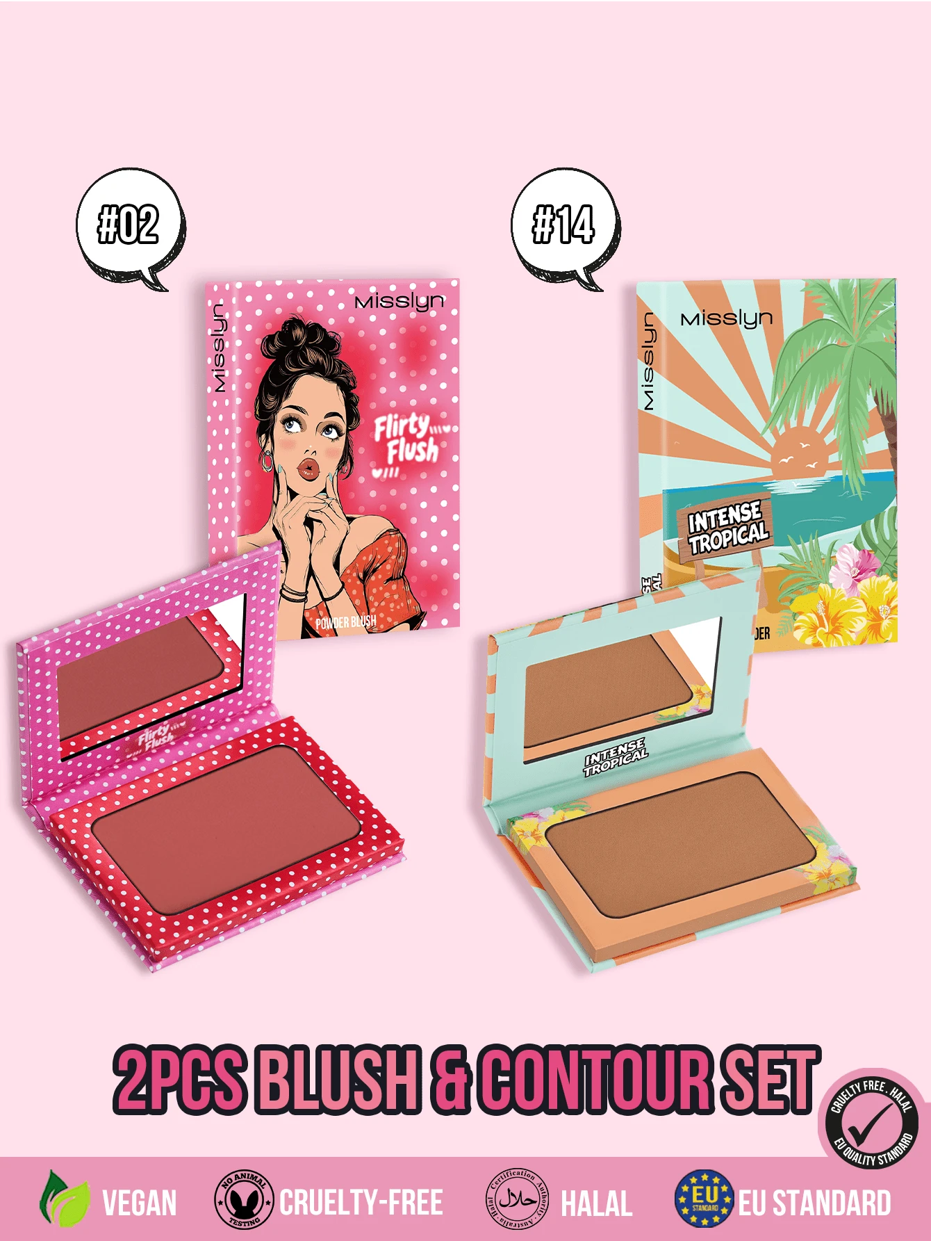 MISSLYN 2Pcs FLIRTY FLUSH Powder Blush & INTENSE TROPICAL Bronzing & Contouring Powder Set, Silky Blendable Pigment, Natural Warm Glow, Face Palette Cheek/Contour, Daily/Travel/Summer, Y2K/Soft Glam/Sun-Kissed/Tropical, Halloween Makeup - #02+#14 - View 1