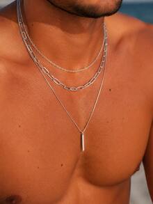 3pcs/Set Men's Silver Multi-Layer Stacked Chain Necklace With Long Pendant Design, Minimalist Versatile European & American Street Style Jewelry, Suitable For Daily Casual Wear - Silver - View 5