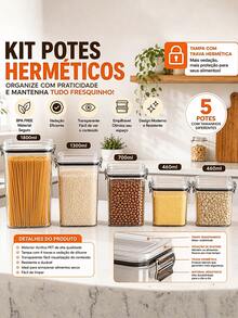 Kit Potes Herméticos Porta Mantimentos em Acrílico Cristal Transparente Organizador Empilhável para Cozinha Armazenar Cereais Grãos Massas Feijão Arroz Farinha Açúcar Café Temperos - Kit 5 Peças - Visão 3