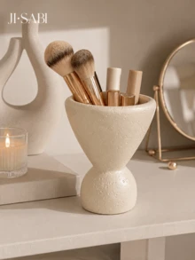 1pc Textured Cream Makeup Brush Holder, Abstract High-Footed Goblet Shaped Vanity Storage Box, 2-In-1 Cosmetic Organizer & Dried Flower Vase, Minimalist Wabi-Sabi Style Bathroom Vanity Home Decor - Stone Cave Storage - View 1
