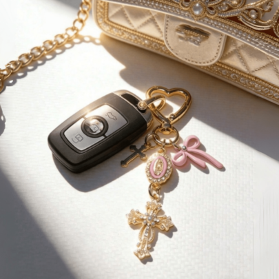 1pc Multi-Color Religious Cross Keychain, Decorated With Religious Love And Crystal Cross, Bag Charm, Bag Amulet, Pearl And Diamond, Cross Keychain, Bag Accessory, Cross Pendant, Wallet, Backpack Accessory, Earphone Case Accessory