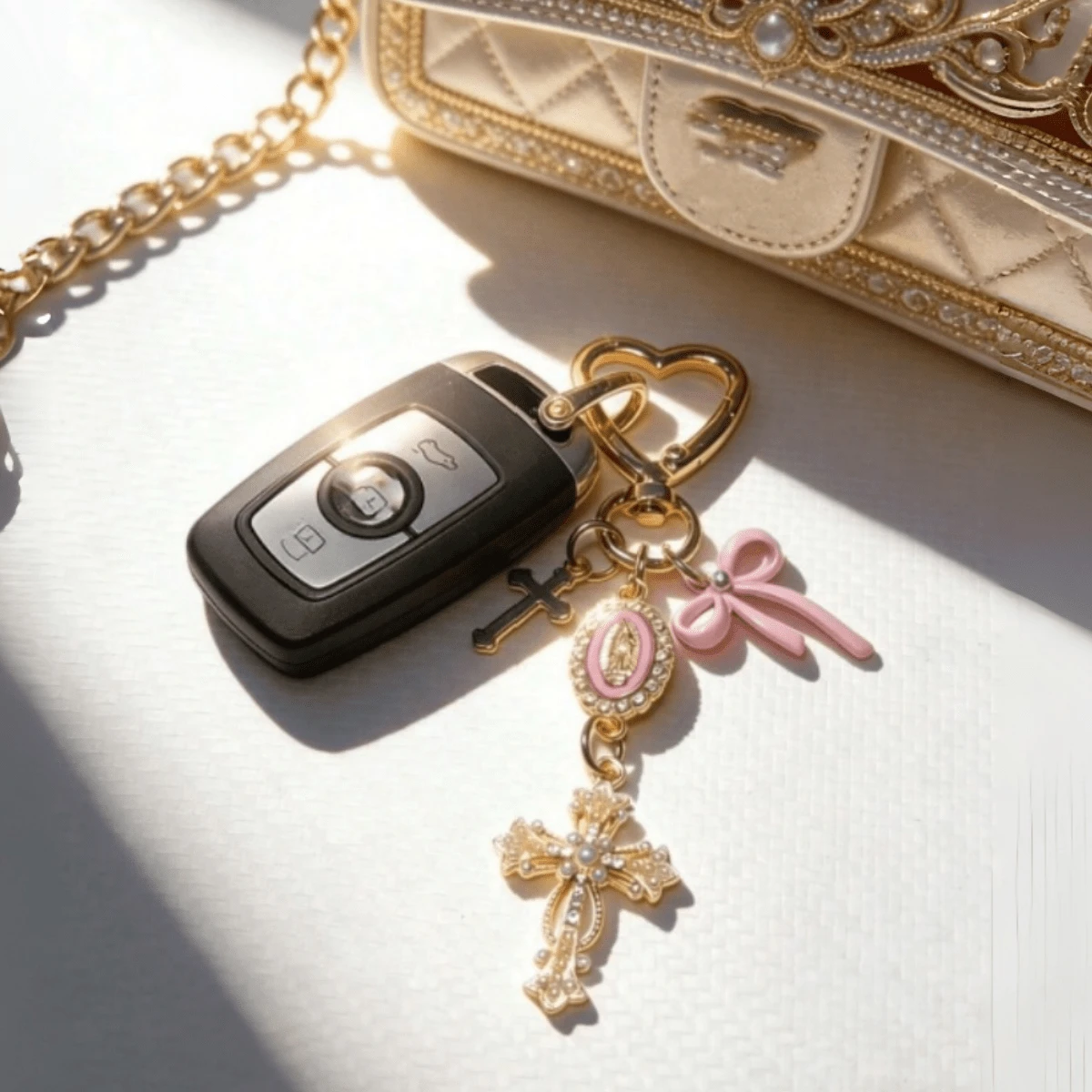 1pc Multi-Color Religious Cross Keychain, Decorated With Religious Love And Crystal Cross, Bag Charm, Bag Amulet, Pearl And Diamond, Cross Keychain, Bag Accessory, Cross Pendant, Wallet, Backpack Accessory, Earphone Case Accessory - Multicolor - View 1